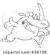 Royalty Free RF Clip Art Illustration Of A Cartoon Black And White Outline Design Of A Joyful Rhino Running