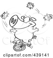 Royalty Free RF Clip Art Illustration Of A Cartoon Black And White Outline Design Of A Unicycling Pig Juggling Fish