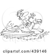Royalty Free RF Clip Art Illustration Of A Cartoon Black And White Outline Design Of A Man Hanging Onto A Jetski