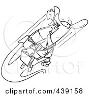 Poster, Art Print Of Cartoon Black And White Outline Design Of A Businessman Flying With A Jetpack