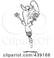 Poster, Art Print Of Cartoon Black And White Outline Design Of A Joyful Businesswoman Jumping