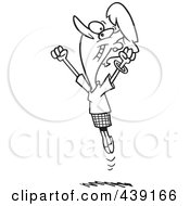 Royalty Free RF Clip Art Illustration Of A Cartoon Black And White Outline Design Of A Joyful Businesswoman Jumping