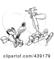 Poster, Art Print Of Cartoon Black And White Outline Design Of A Dog Chasing An Anaware Runner