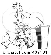 Poster, Art Print Of Cartoon Black And White Outline Design Of A Nervous Politician Approaching A Podium