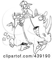 Royalty Free RF Clip Art Illustration Of A Cartoon Black And White Outline Design Of A Jockey Riding A Rhino by toonaday