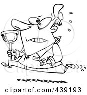Poster, Art Print Of Cartoon Black And White Outline Design Of A Plumber Running With A Plunger