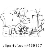 Royalty Free RF Clip Art Illustration Of A Cartoon Black And White Outline Design Of A Boy Playing A Video Game With A Joystick