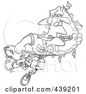 Royalty Free RF Clip Art Illustration Of A Cartoon Black And White Outline Design Of An Explorer Man Swinging On A Vine