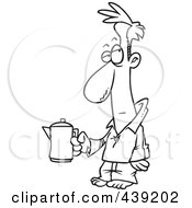 Cartoon Black And White Outline Design Of A Tired Man Holding A Coffee Pot