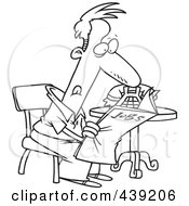 Cartoon Black And White Outline Design Of An Unemployed Man Searching For Jobs In The Newspaper