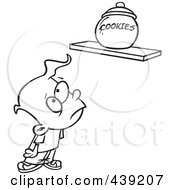 Royalty Free RF Clip Art Illustration Of A Cartoon Black And White Outline Design Of A Sad Kid Staring At A Cookie Jar On A Shelf by toonaday