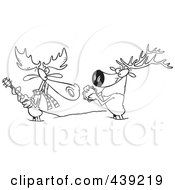Poster, Art Print Of Cartoon Black And White Outline Design Of A Moose And Elk Jamming In The Snow