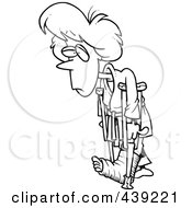 Cartoon Black And White Outline Design Of A Judo Woman With Crutches