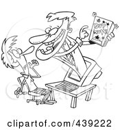 Poster, Art Print Of Cartoon Black And White Outline Design Of A Salesman Popping Out Of A Computer And Marketing A Product