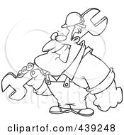 Poster, Art Print Of Cartoon Black And White Outline Design Of A Strong Builder Carrying A Wrench