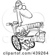 Poster, Art Print Of Cartoon Black And White Outline Design Of An Injured Guy Using A Laptop In A Wheelchair