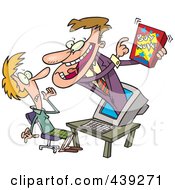 Cartoon Salesman Popping Out Of A Computer And Marketing A Product