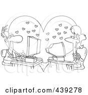 Royalty Free RF Clip Art Illustration Of A Cartoon Black And White Outline Design Of A Couple Meeting Online by toonaday