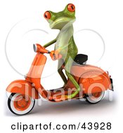 Cute 3d Green Tree Frog Standing Up On An Orange Scooter