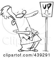 Royalty Free RF Clip Art Illustration Of A Cartoon Black And White Outline Design Of A Man Looking At An Up Sign Pointing Down