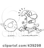 Royalty Free RF Clip Art Illustration Of A Cartoon Black And White Outline Design Of A Caveman Running From A Stone Wheel by toonaday
