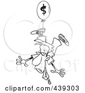 Poster, Art Print Of Cartoon Black And White Outline Design Of A Businessman Suspended From An Inflation Balloon