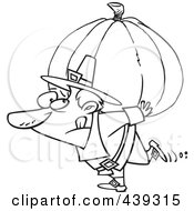 Royalty Free RF Clip Art Illustration Of A Cartoon Black And White Outline Design Of A Pilgrim Carrying A Heavy Pumpkin by toonaday