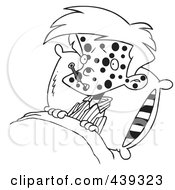 Poster, Art Print Of Cartoon Black And White Outline Design Of A Sick Spotted Boy In Bed With A Thermometer
