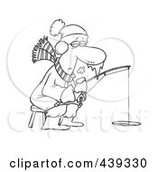 Cartoon Black And White Outline Design Of A Frozen Man Ice Fishing