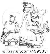 Poster, Art Print Of Cartoon Black And White Outline Design Of A Happy Auntie Greeting By Her Luggage