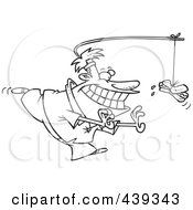 Poster, Art Print Of Cartoon Black And White Outline Design Of A Man Chasing A Hot Dog As Incentive