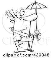 Royalty Free RF Clip Art Illustration Of A Cartoon Black And White Outline Design Of An Ill Prepared Man Holding A Tiny Umbrella