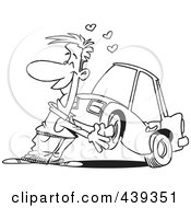 Royalty Free RF Clip Art Illustration Of A Cartoon Black And White Outline Design Of A Man Cuddling With His Car