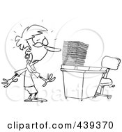 Poster, Art Print Of Cartoon Black And White Outline Design Of A Businesswoman With A Piled Inbox