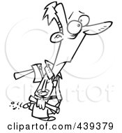 Royalty Free RF Clip Art Illustration Of A Cartoon Black And White Outline Design Of A Businessman Walking With An Axe In His Back by toonaday