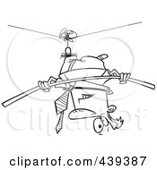 Poster, Art Print Of Cartoon Black And White Outline Design Of A Businessman Suspended Upside Down From A Tight Rope