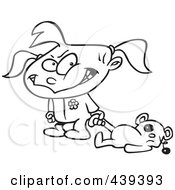 Royalty Free RF Clip Art Illustration Of A Cartoon Black And White Outline Design Of A Terrible Two Year Old Girl Dragging Her Teddy Bear by toonaday