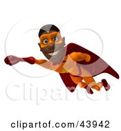 Clipart Illustration Of A Friendly Black Male 3d Super Hero Flying With One Fist Forward