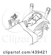 Poster, Art Print Of Cartoon Black And White Outline Design Of A Man Ready To Beat An Alarm Clock With A Hammer