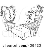 Poster, Art Print Of Cartoon Black And White Outline Design Of A Man Tuning Out An Alarm Clock With Ear Muffs