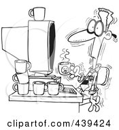 Poster, Art Print Of Cartoon Black And White Outline Design Of A Jittery Businessman Drinking Another Cup Of Coffee At A Computer