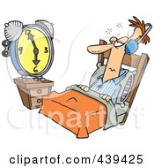 Royalty Free RF Clip Art Illustration Of A Cartoon Black And White Outline Design Of A Man Tuning Out An Alarm Clock With Ear Muffs