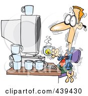 Poster, Art Print Of Cartoon Jittery Businessman Drinking Another Cup Of Coffee At A Computer