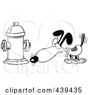 Poster, Art Print Of Cartoon Black And White Outline Design Of A Dog Anticipating Relieving Himself On A Hydrant