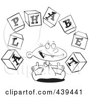 Poster, Art Print Of Cartoon Black And White Outline Design Of A Baby Playing With Alphabet Blocks