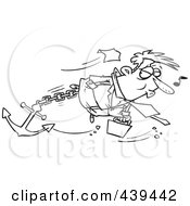 Royalty Free RF Clip Art Illustration Of A Cartoon Black And White Outline Design Of A Businessman Sinking With An Anchor