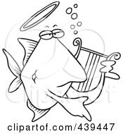 Cartoon Black And White Outline Design Of An Angelfish Playing A Lyre