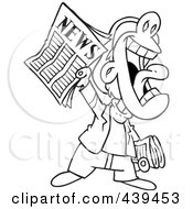 Cartoon Black And White Outline Design Of A News Boy Yelling An Announcement