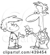 Poster, Art Print Of Cartoon Black And White Outline Design Of A Father Paying His Son Allowance