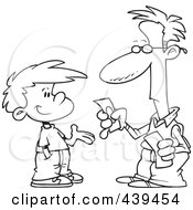 Royalty Free RF Clip Art Illustration Of A Cartoon Black And White Outline Design Of A Father Paying His Son Allowance